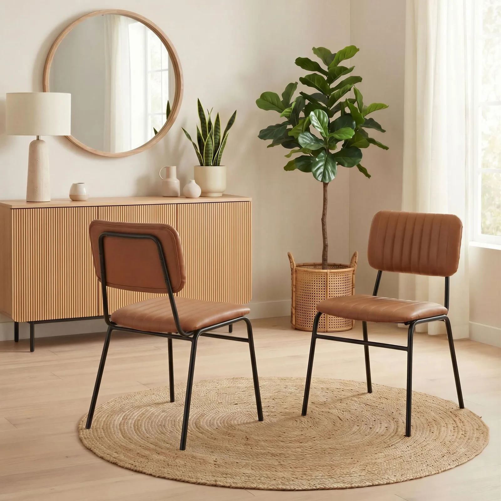 FurnitureboxUK Set of 2 Delta Faux Tan Leather Industrial Dining Chairs