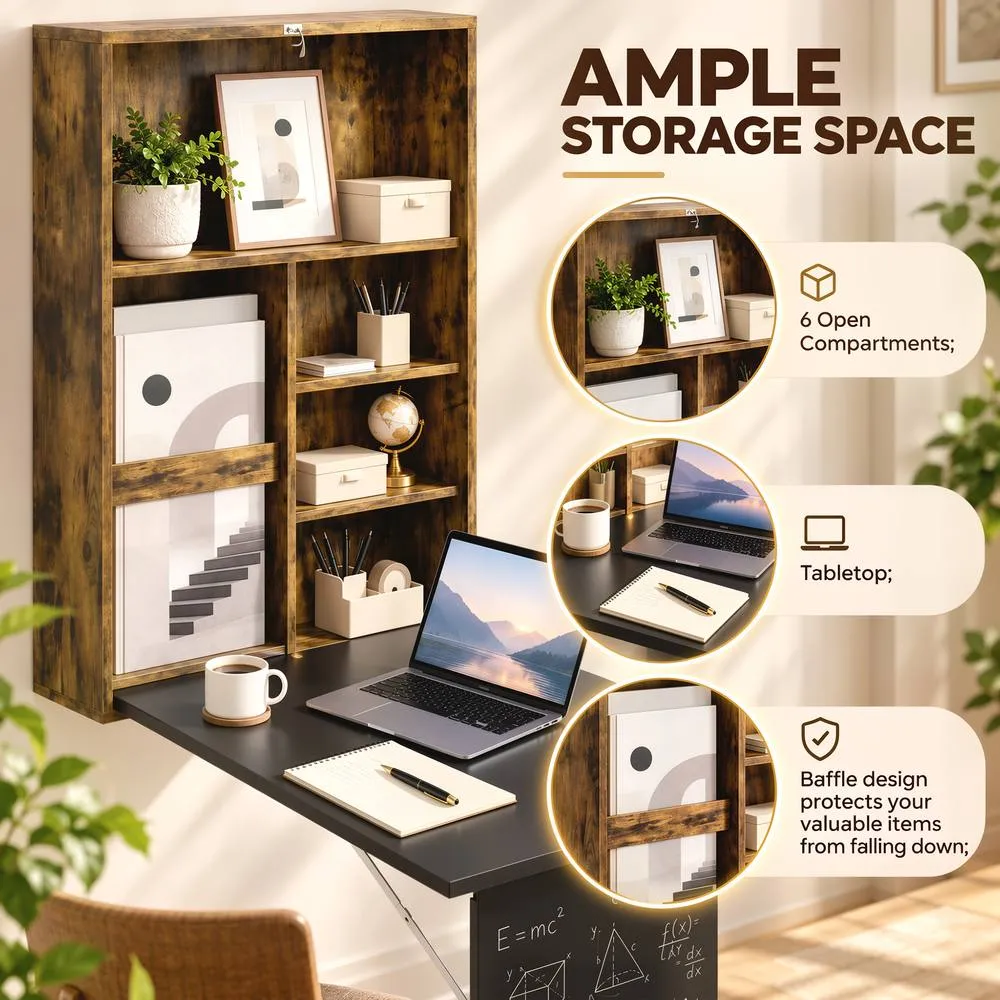 HOMCOM Folding Wall-Mounted Drop-Leaf Table Chalkboard Shelf Rustic Brown 5