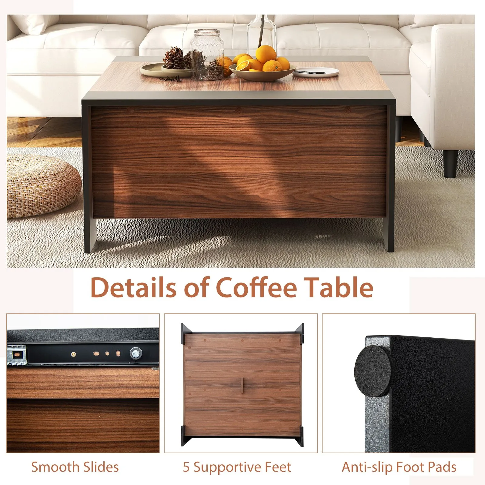 Costway 92 x 92cm Coffee Table w/ Sliding Top Square Center Table Extendable Cocktail Tea Table in Brown 3