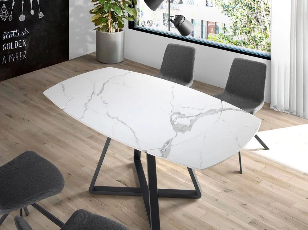 Angel Cerda Oval Extendable Dining Table, Porcelain Marble, Black Steel Legs 3