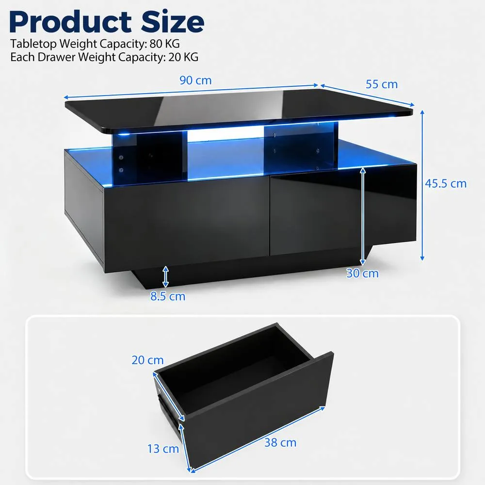Costway Coffee Table 20-Colour Lighted High Glossy Center Table With 2 Drawers in Black 2