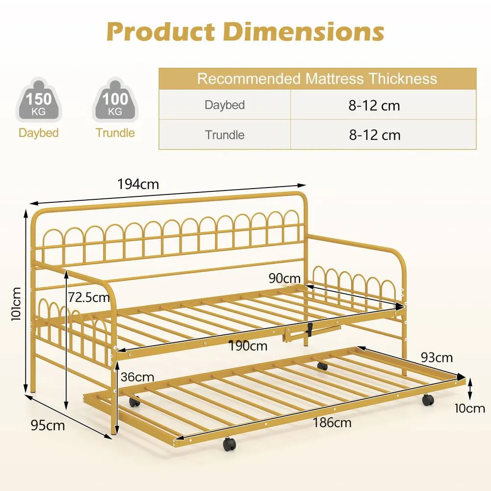 Costway Single Daybed with Trundle Metal Sofa Bed w/Curved Backrest in Gold 2