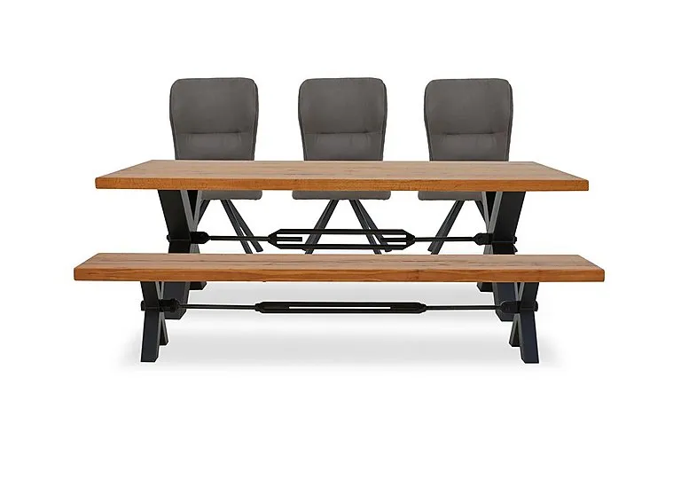 Terra Straight Edge Dining Table with Tension Bolt X-Leg, Bench and 3 Steel Fabric Swivel Chairs - 220-cm