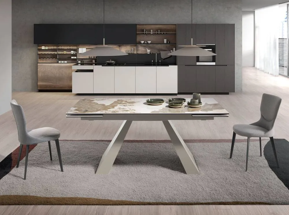 Angel Cerda Rectangular Extendable Dining Table, Porcelain Marble, Taupe Steel 3