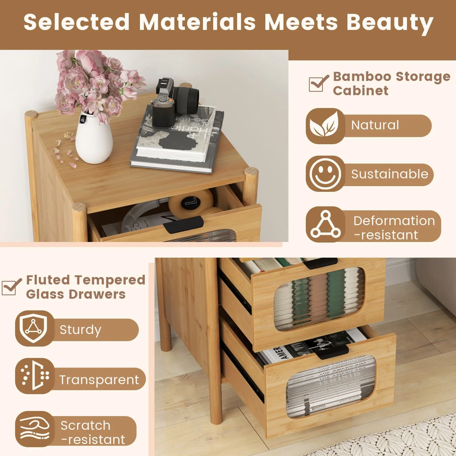 Costway 4-Drawer Dresser Bamboo Storage Cabinet w/Tempered Glass Drawers in Natural 2