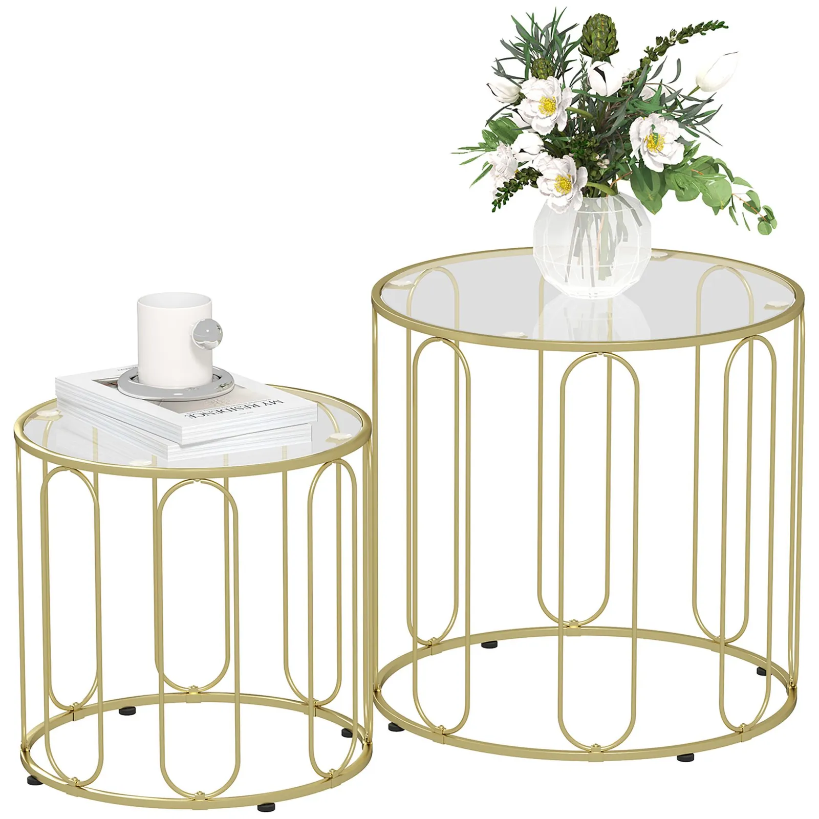 HOMCOM Coffee Table Set of 2, Nest of Tables with Metal Frame, Gold Tone 2