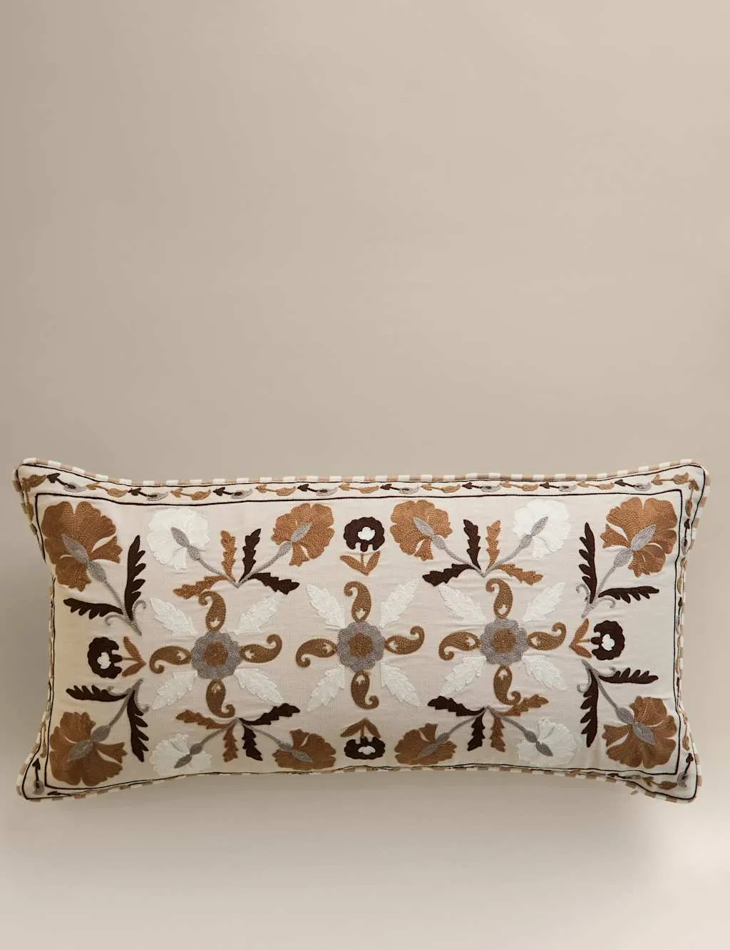 M&S Pure Cotton Embroidered Floral Bolster Cushion Natural Mix
