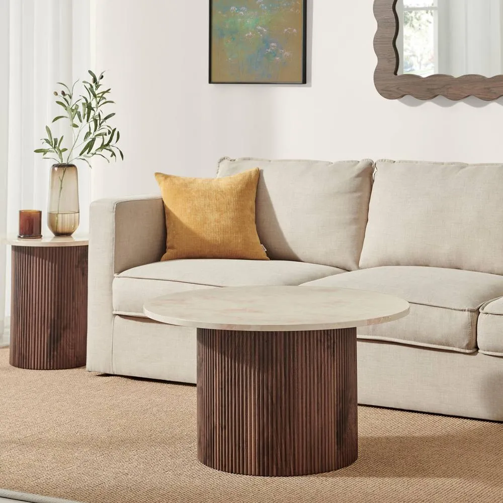 FurnitureboxUK Penrose Round Walnut & Cream Marble Effect Coffee Table 5