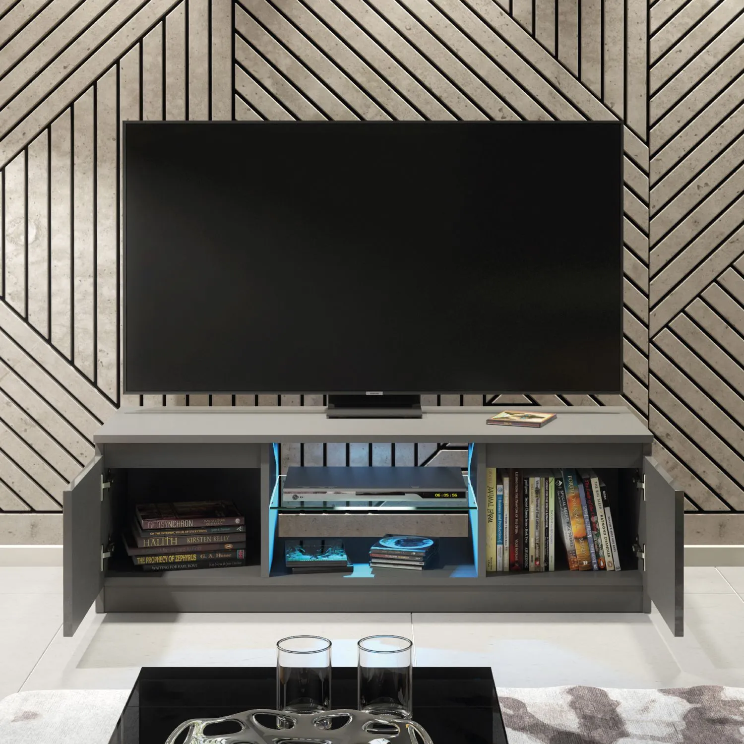 Creative Furniture Aura TV Unit 120cm - A Compact & Contemporary Cabinet with Gloss Doors & LED Lights in Dark Grey 2