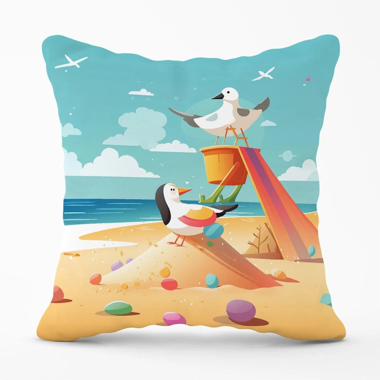 Warren Reed - Designer Seagulls On A Beach Holiday Outdoor Cushion in Yellow