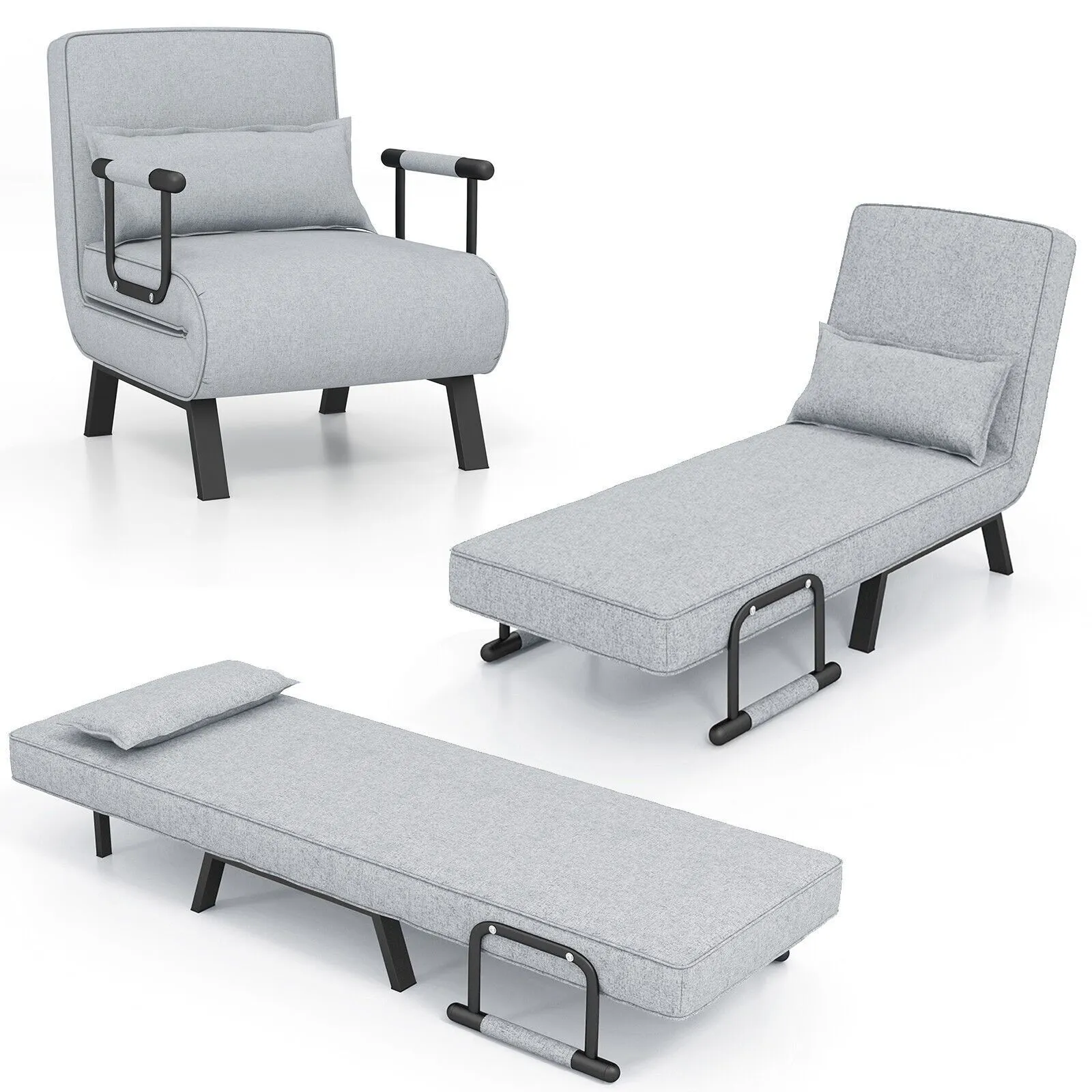 Costway Convertible Single Folding Sofa Bed Sleep Chair with 6 Positions Adjustable Backrest Light Grey 3