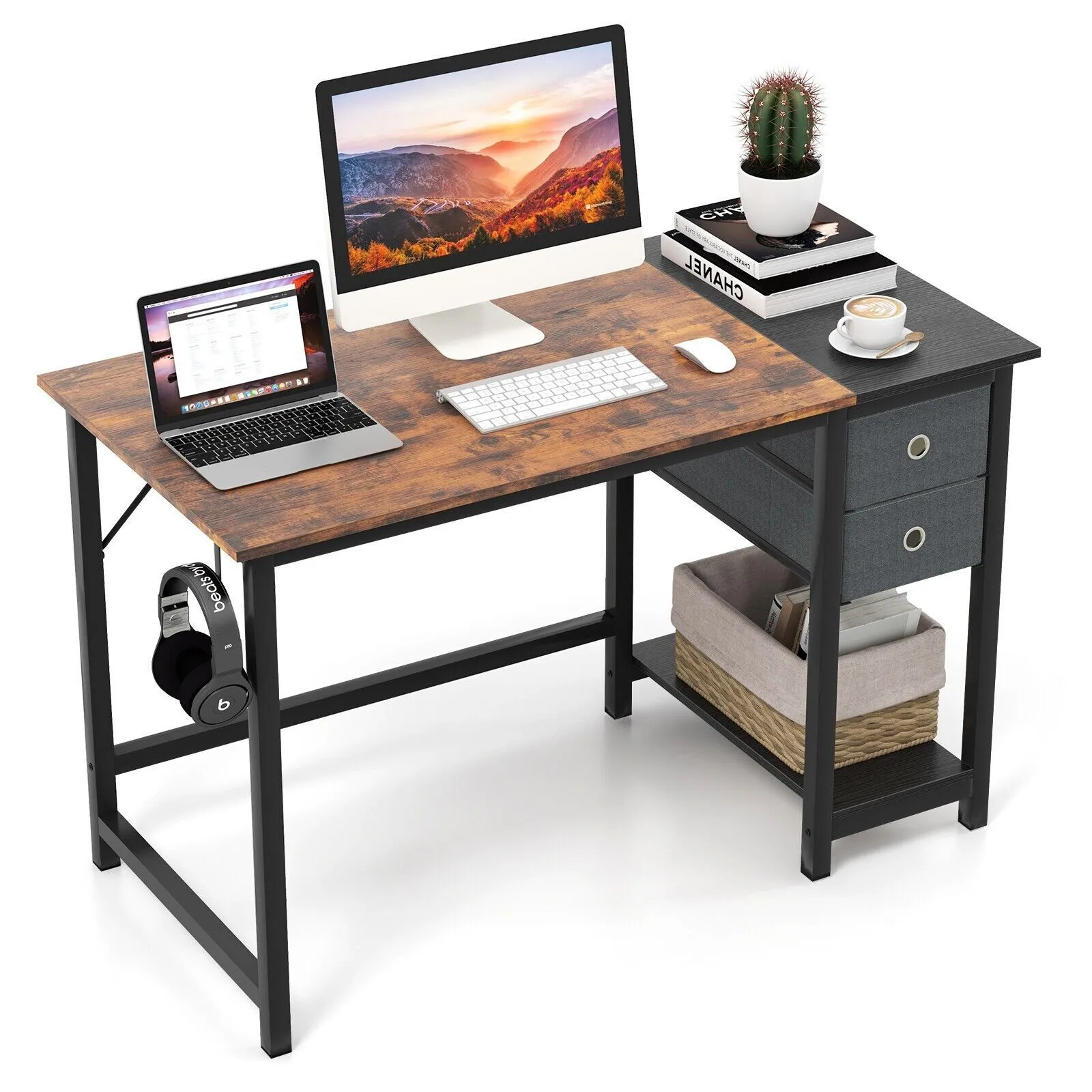 Costway 120 cm Home Office Desk Writing Desk Modern Computer Workstation with 2 Drawers in Brown