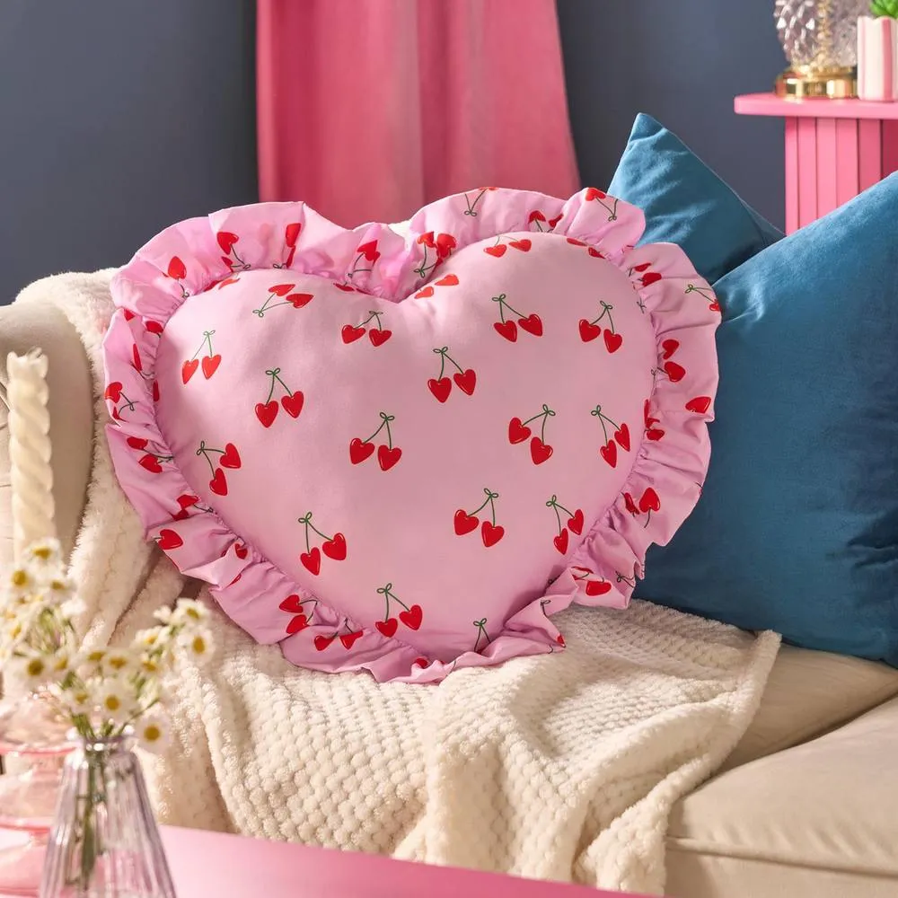 OHS Cherries Frill Heart Shaped Scatter Cushion Throw Pillow in Pink