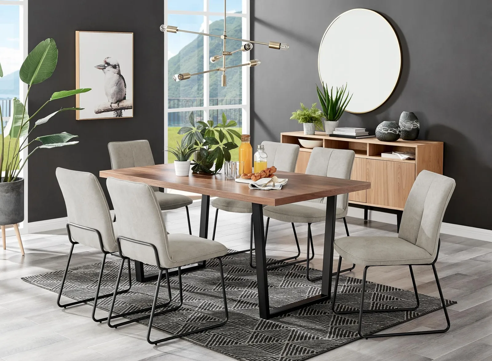 FurnitureboxUK Kylo Large Brown Wood Effect Dining Table & 6 Cream Halleyy Fabric Chairs in Taupe 1