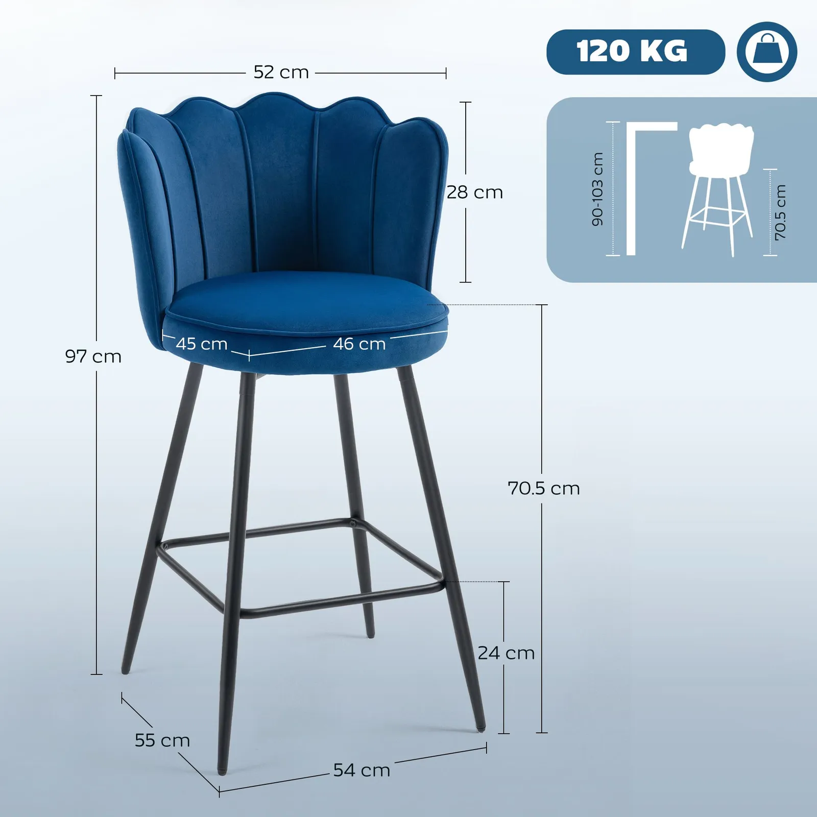 HOMCOM Set of 2 Barstools with Petal Backrest for Kitchen Island in Dark Blue 3