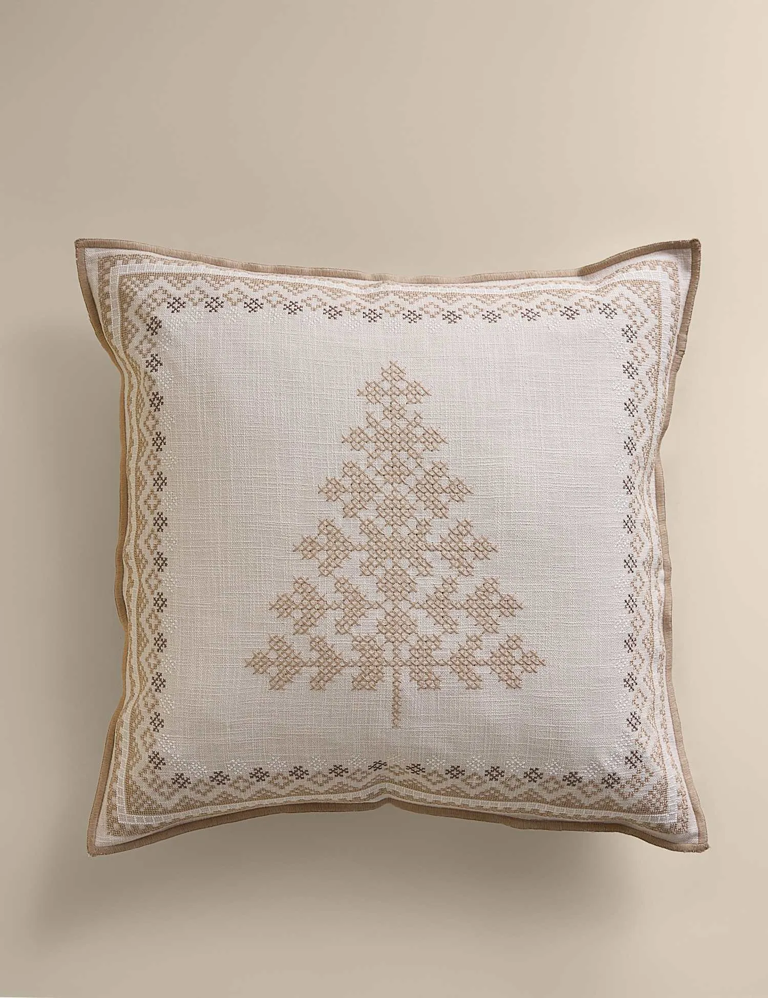 M&S Cotton Christmas Embroidered Cushion Neutral