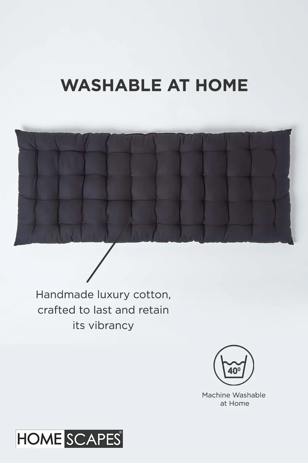 Homescapes Garden Bench Cushion Luxury 2 Seater Cotton Indoor Outdoor Pad, 108 x 42cm in Black 6