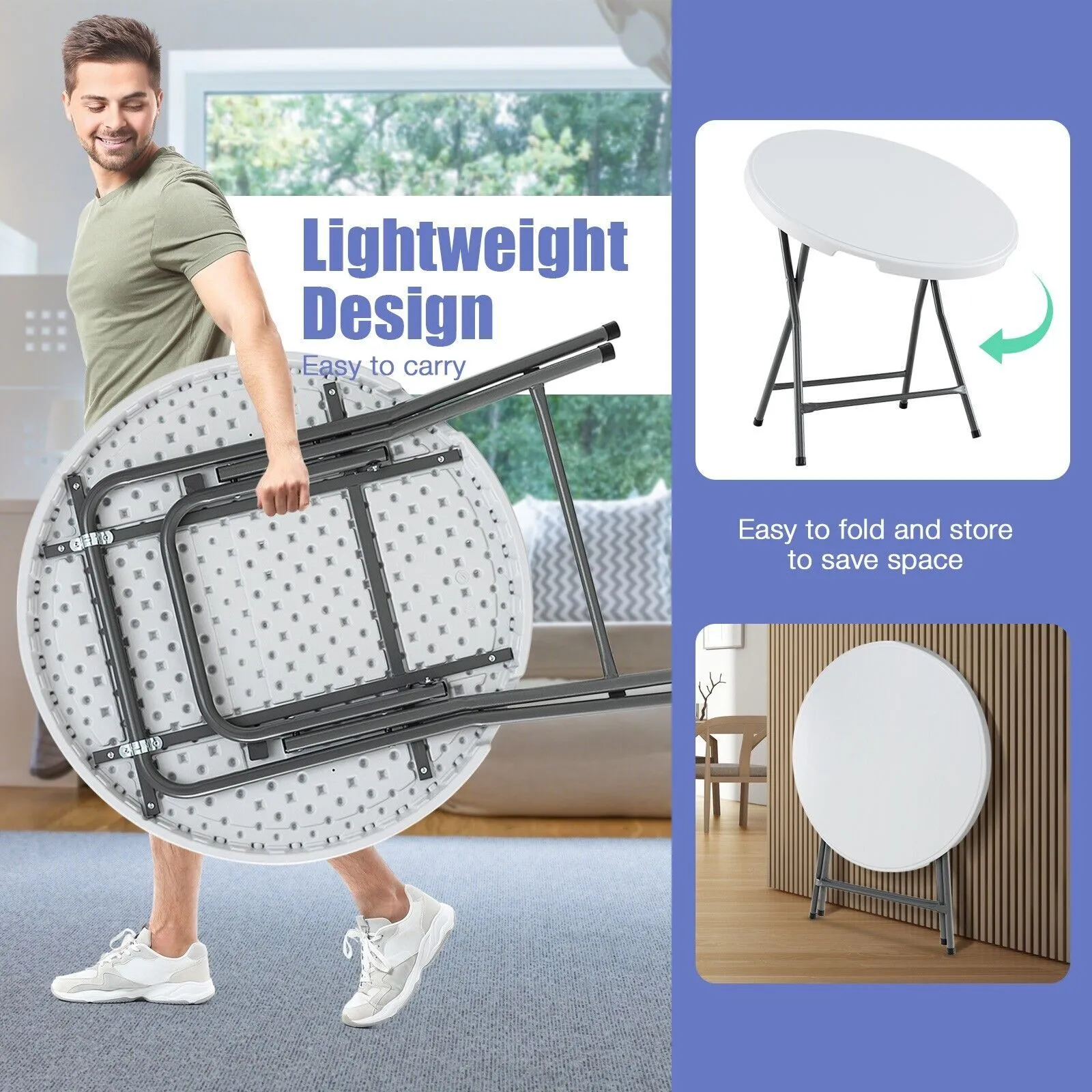 Costway 81 CM Round Folding Table Round Plastic Table Coffee Dining Table in White 6