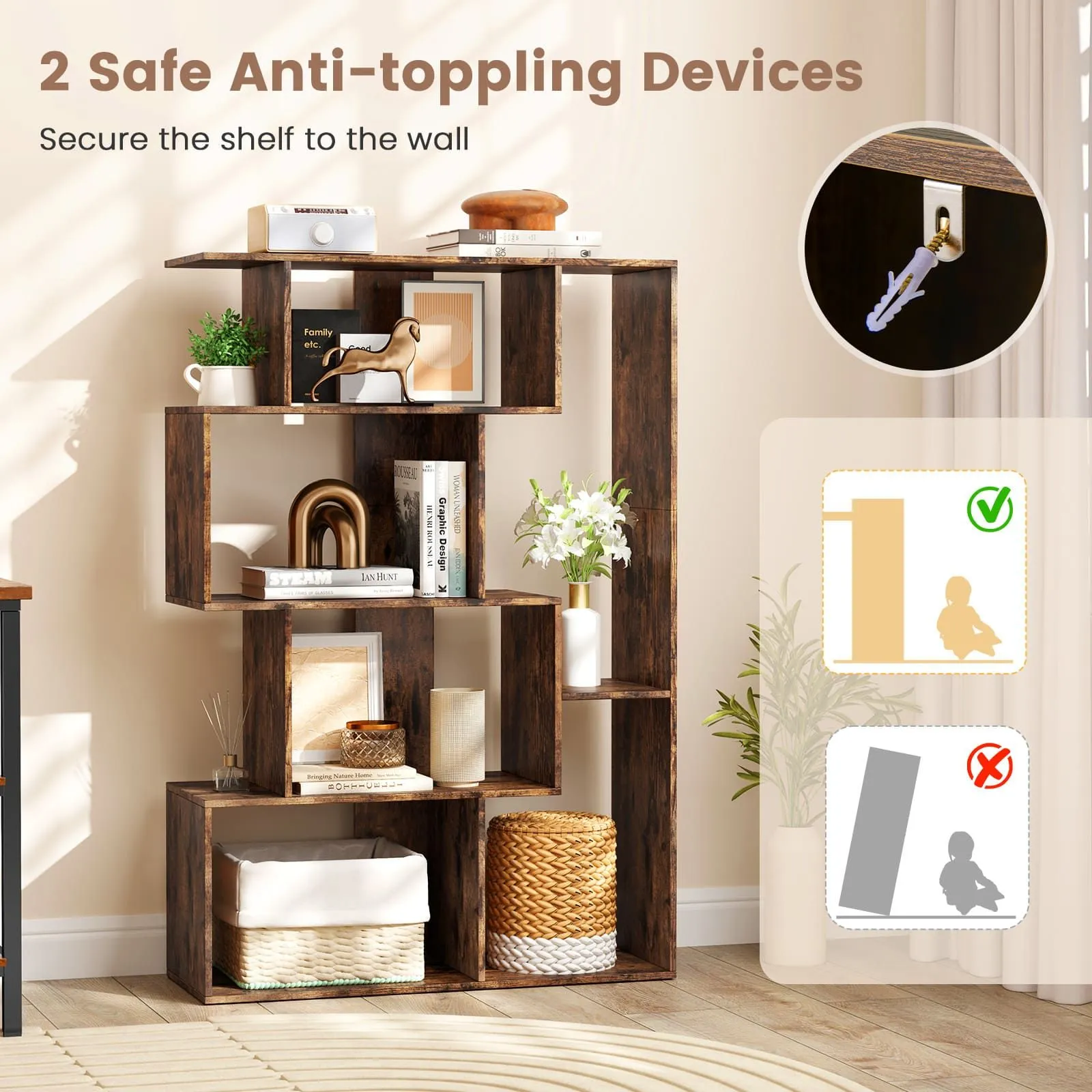 Costway Open-back Geometric Bookshelf Home 6-Cube Large Bookcase in Brown 3