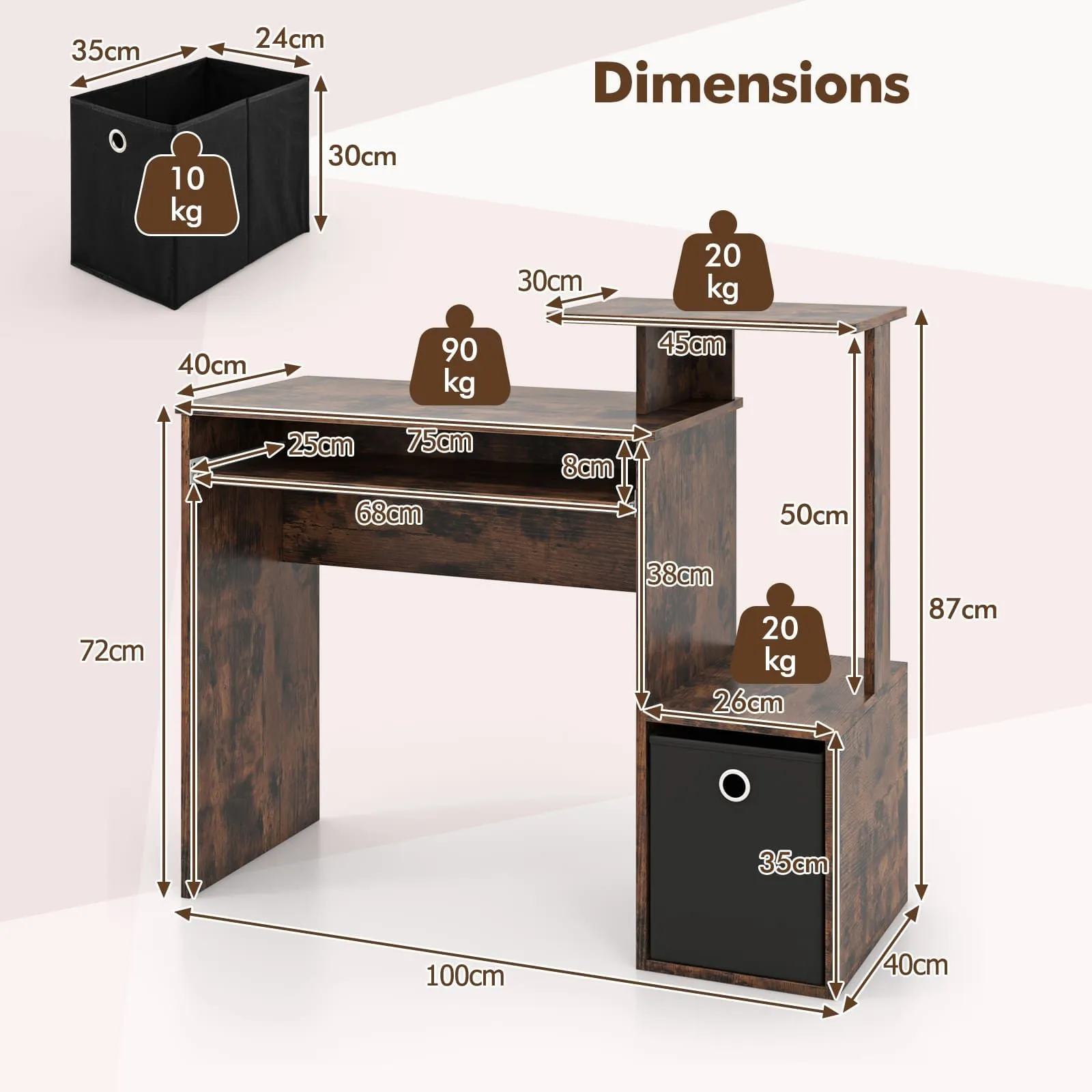 Costway Space-saving Computer Desk with Open Shelf & Fabric Storage Drawer in Brown 2