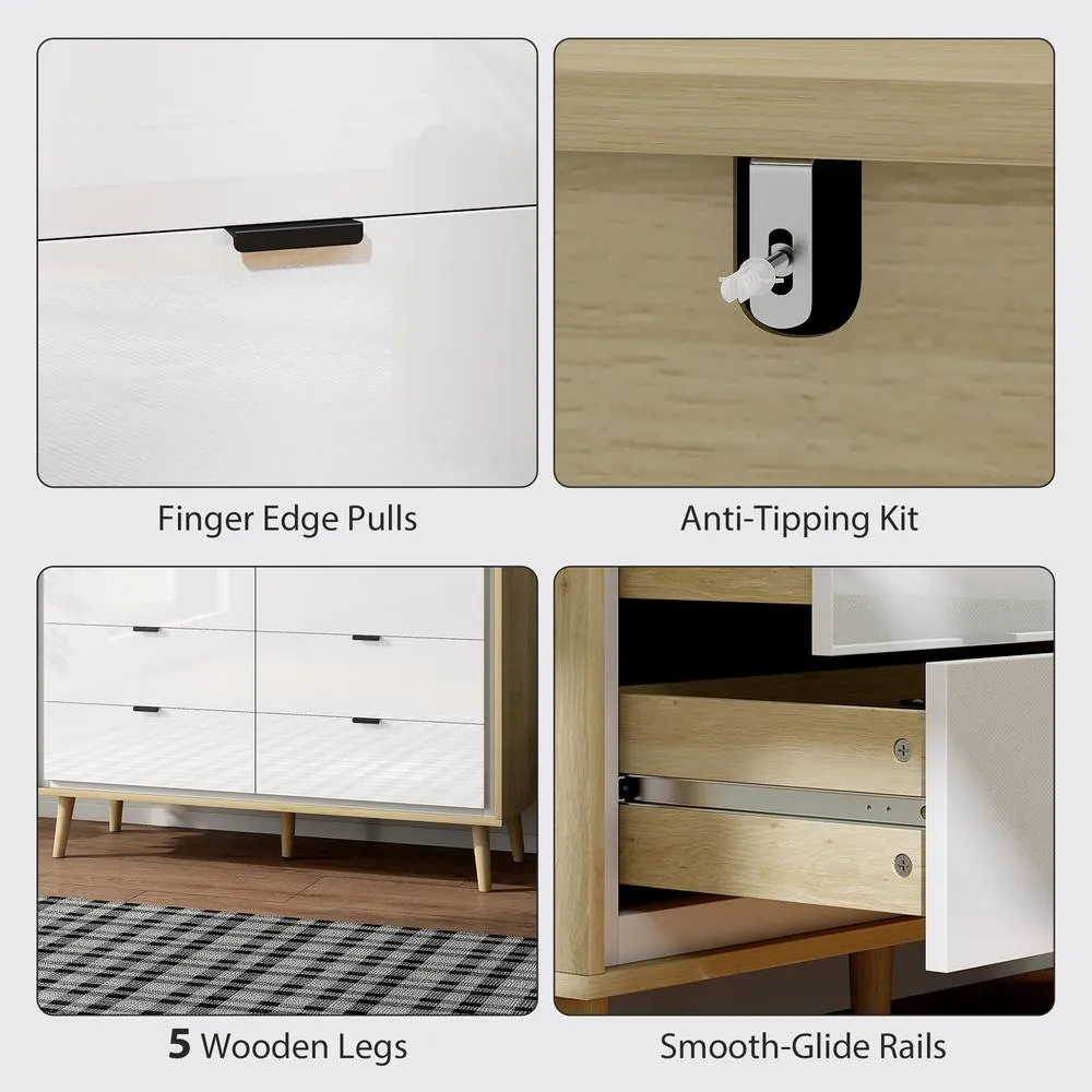 HOMCOM Storage Cabinet with 6 Drawers & 5 Legs, High Gloss White 6