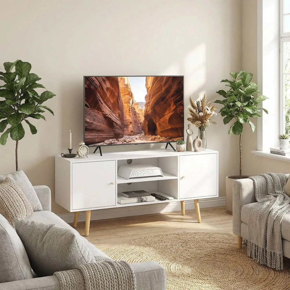 HOMCOM TV Stand Cabinet with Cable Management & Wood Legs Living Room in White 2