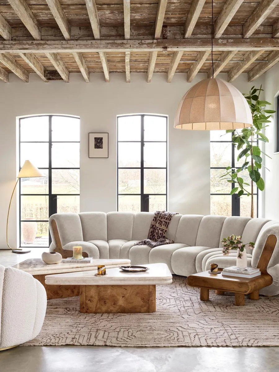 Noelle Modular Curved Sofa, Six Seater, Velvet Porcelain