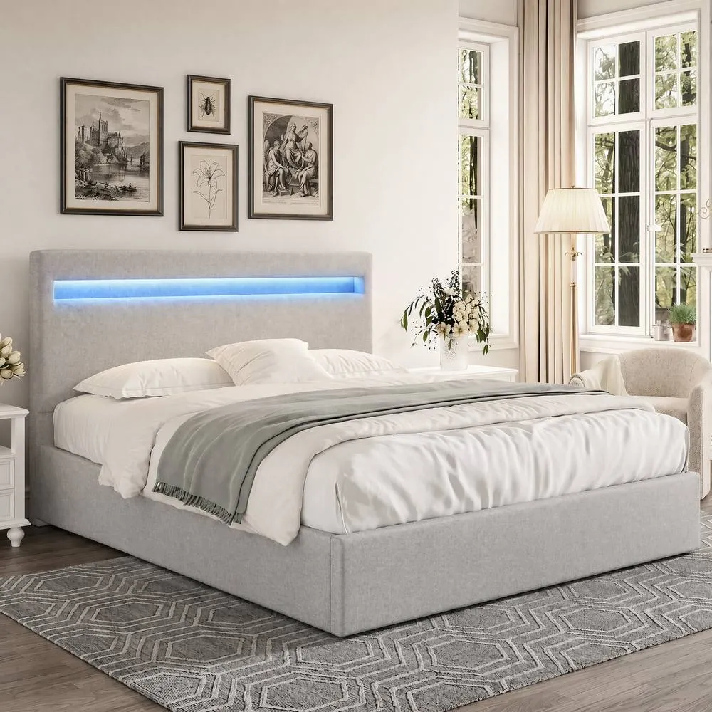 Comfy Living Ltd Fabric Modern Gas Lift Ottoman Bed Frame With LED in Light Grey 1