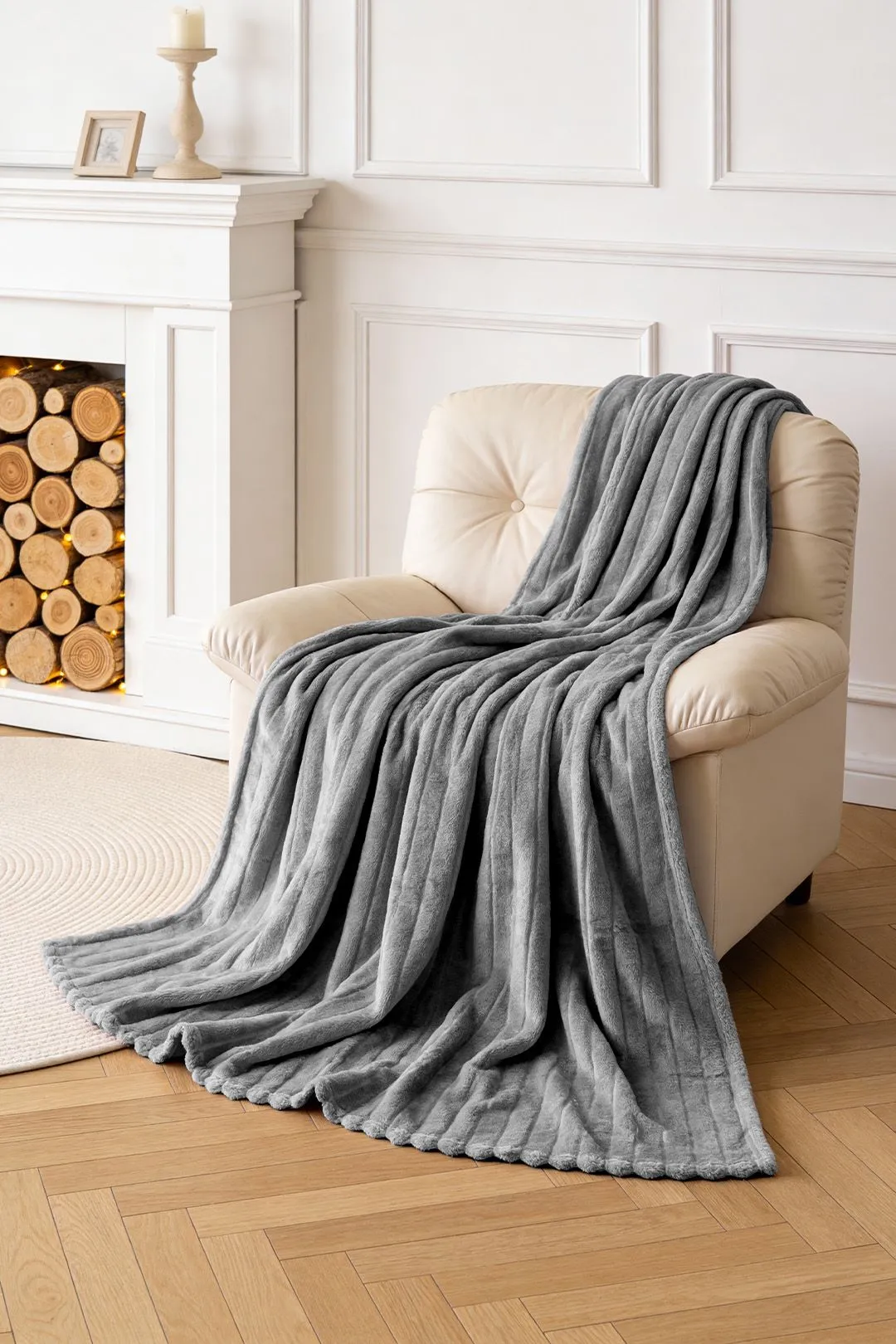 Living and Home Reversible Fluffy Striped Throw Blanket in Grey