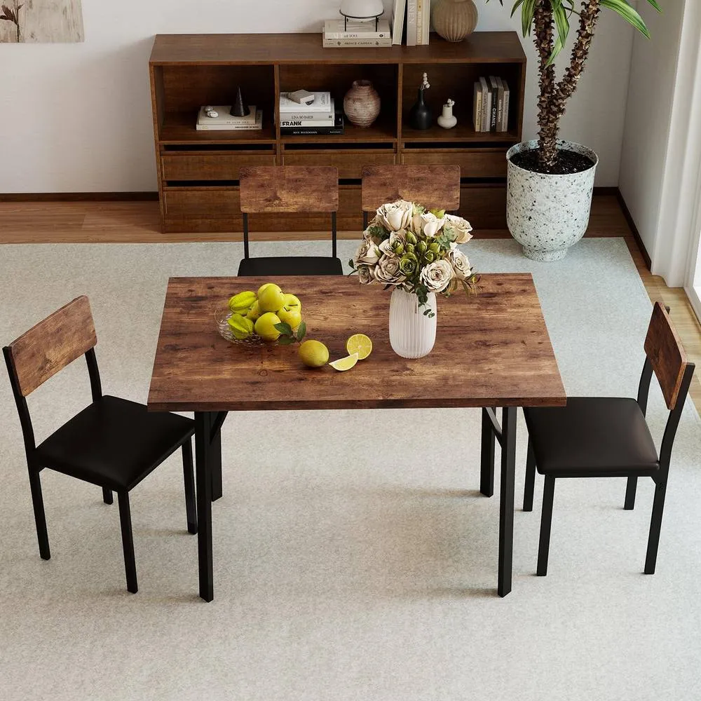 Costway 5PCS Dining Table Set Industrial Kitchen Table & 4 Upholstered Chairs in Brown 3