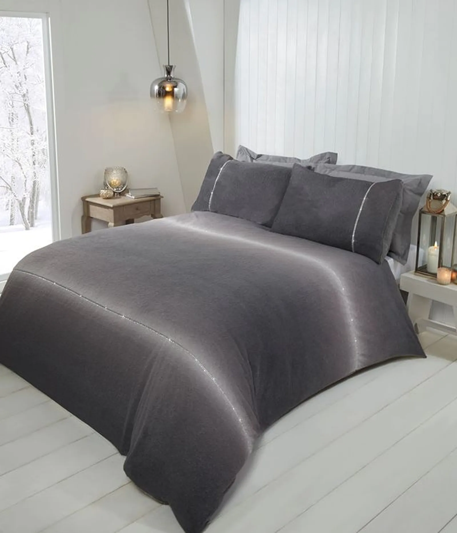 Rapport Home Diamante Teddy Duvet Cover Set with Pillowcase in Grey