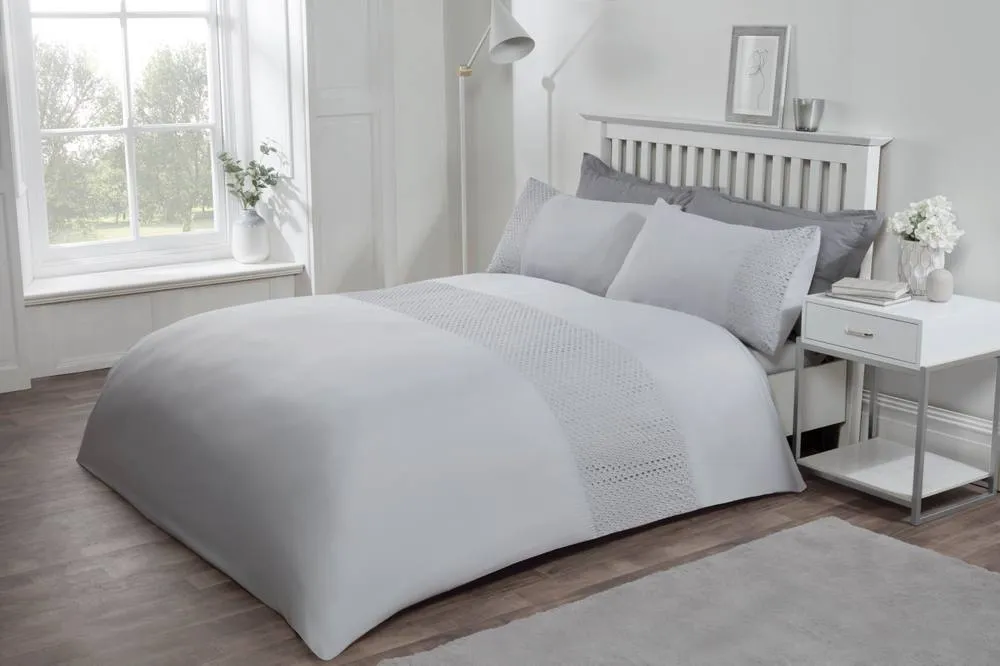 Smart Living Luxury Super Soft Stylish Lace Panel Duvet Cover with Pillowcases in Silver 1