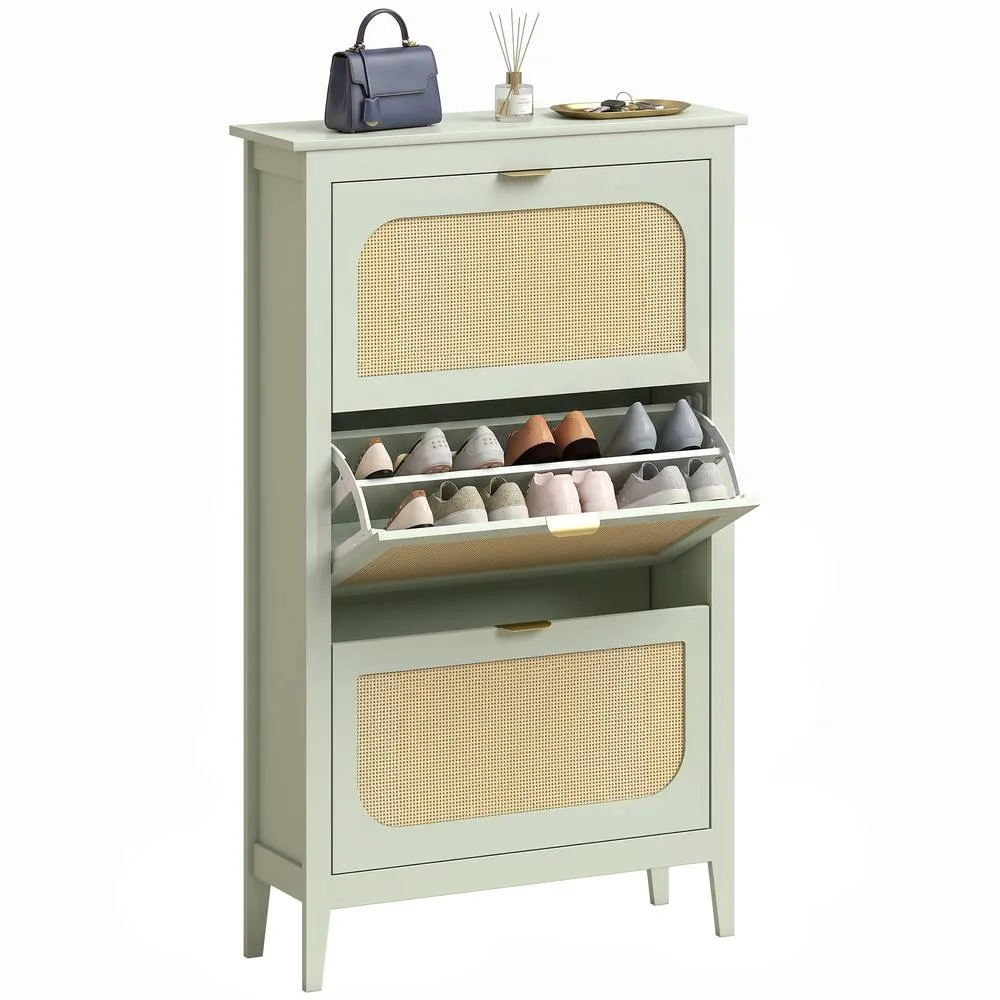 HOMCOM Boho Slim Shoe Cabinet with Rattan Doors, Holds 21 Pairs, Green in Light Green 2