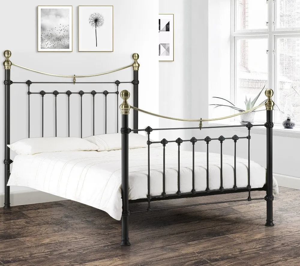 Victoria - King Size Satin Black Metal Bed Frame - 5ft - Victorian Style - Opulent Brass Finials - Happy Beds