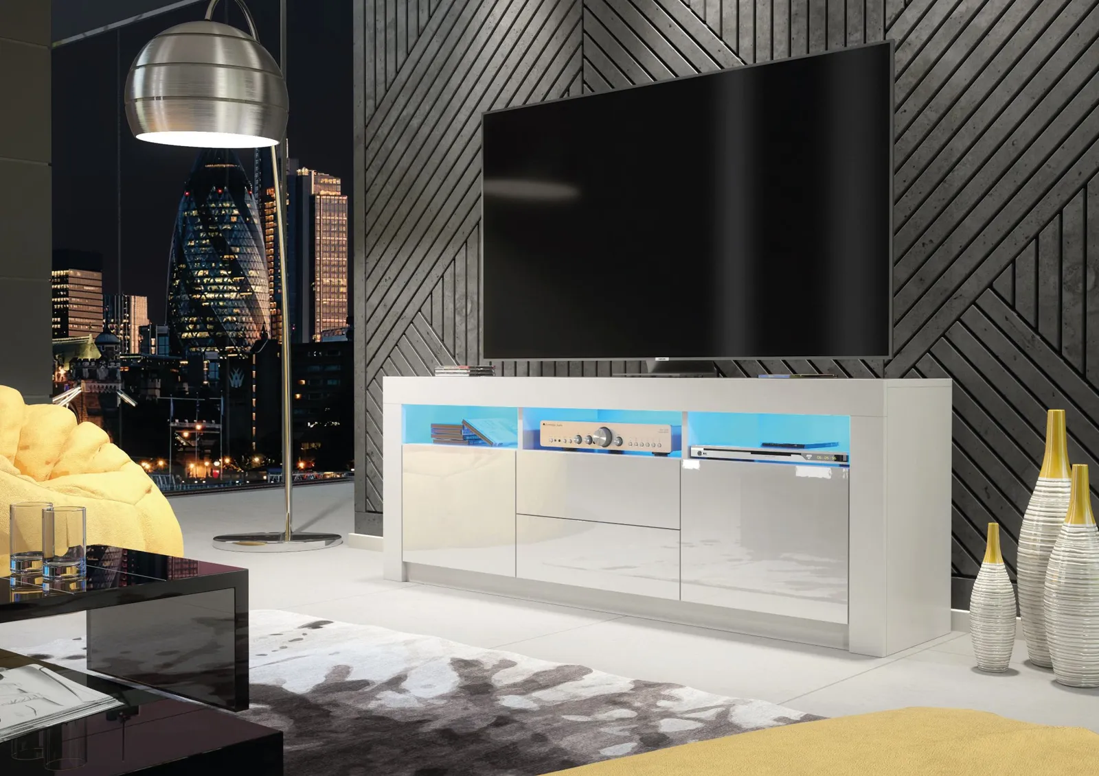 Creative Furniture Shine TV Unit 160cm - A Bright & Stylish Cabinet with Gloss Doors & LED Lights in White 2
