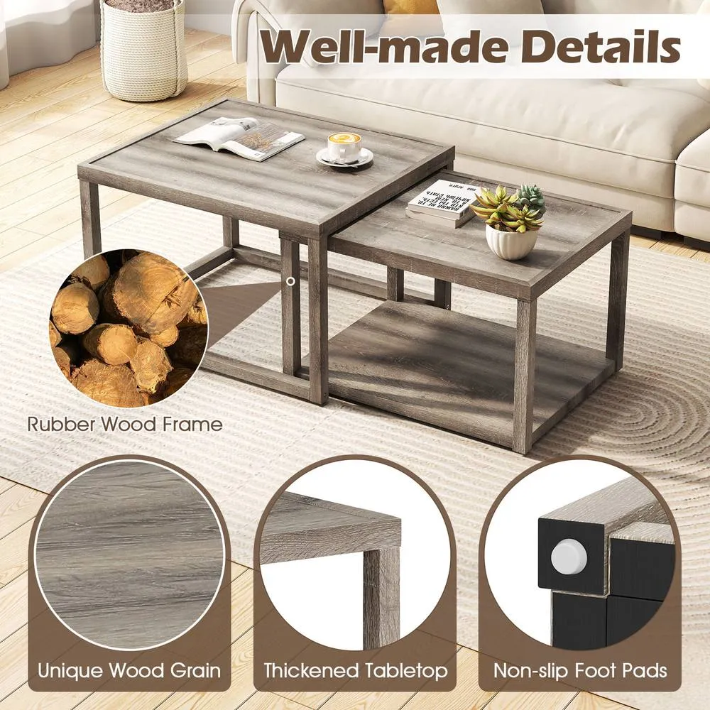 Costway Nesting Coffee Table Set of 2 Stackable Rectangular End Tables in Grey 6