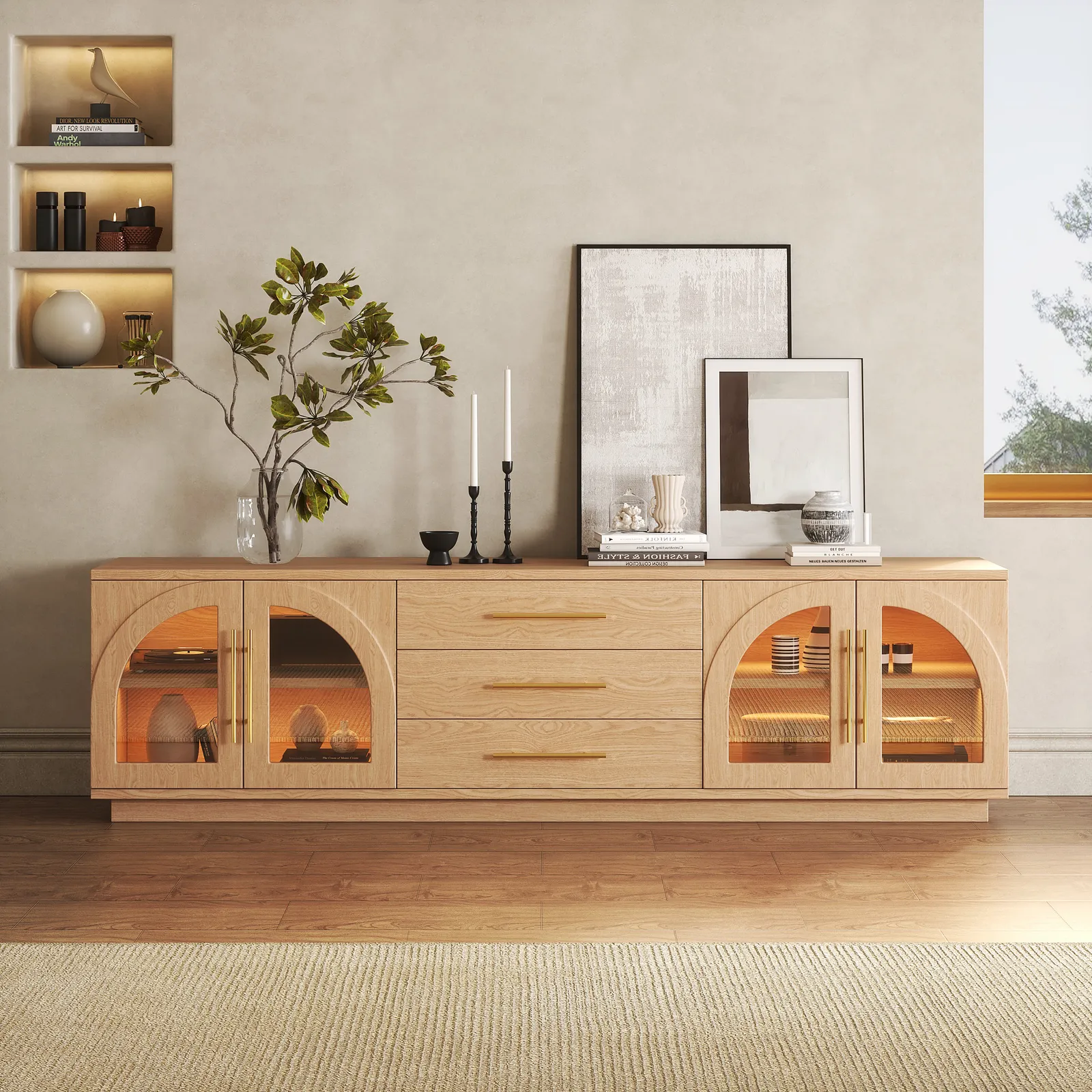 Arune Mid Century Modern Natural TV Stand with LED Lights and Arched Glass Cabinet Doors
