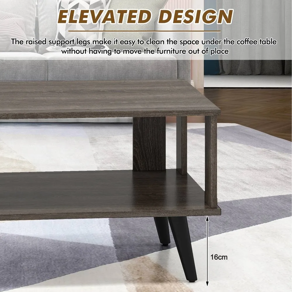 Costway 2-Tier Wooden Center Table Coffee Table w/Open Storage Shelf-Grey in Grey 6