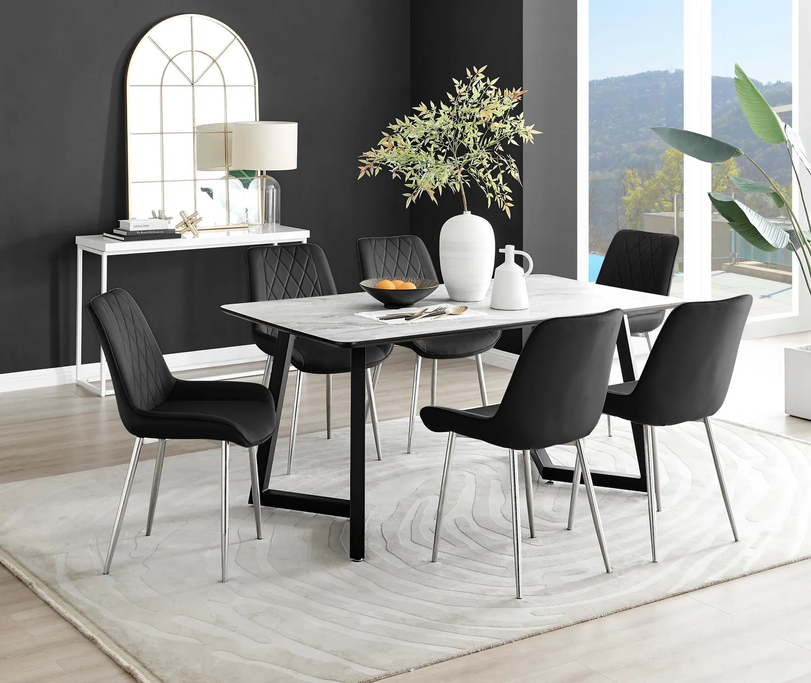 FurnitureboxUK Carson White Marble Effect Dining Table & 6 Pesaro Silver Chairs in Black 1