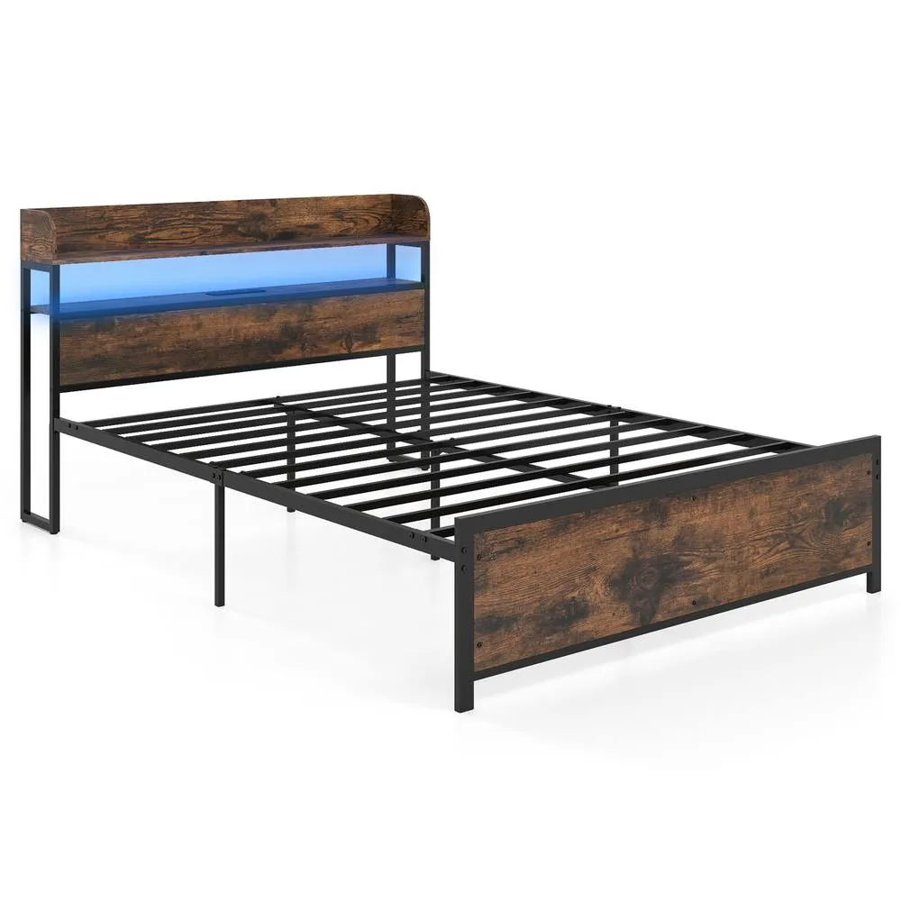 Costway King Size Platform Bed Bed Frame with LED Lights & Power Outlets in Brown