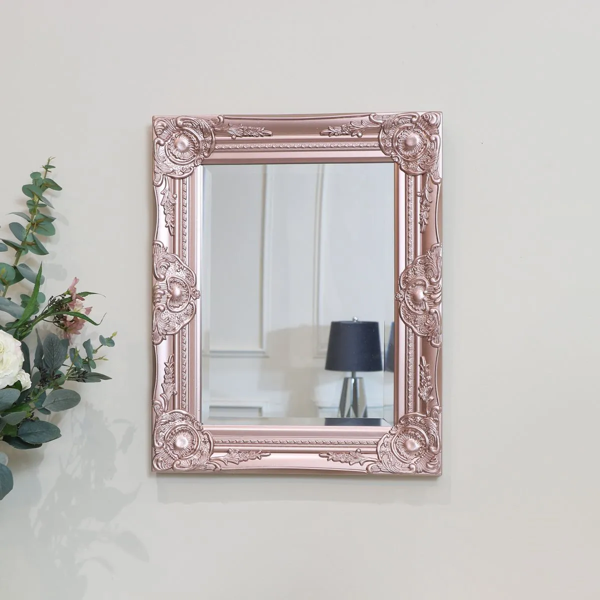 Melody Maison Ornate Rose Gold Pink Wall Mirror With Bevelled Glass