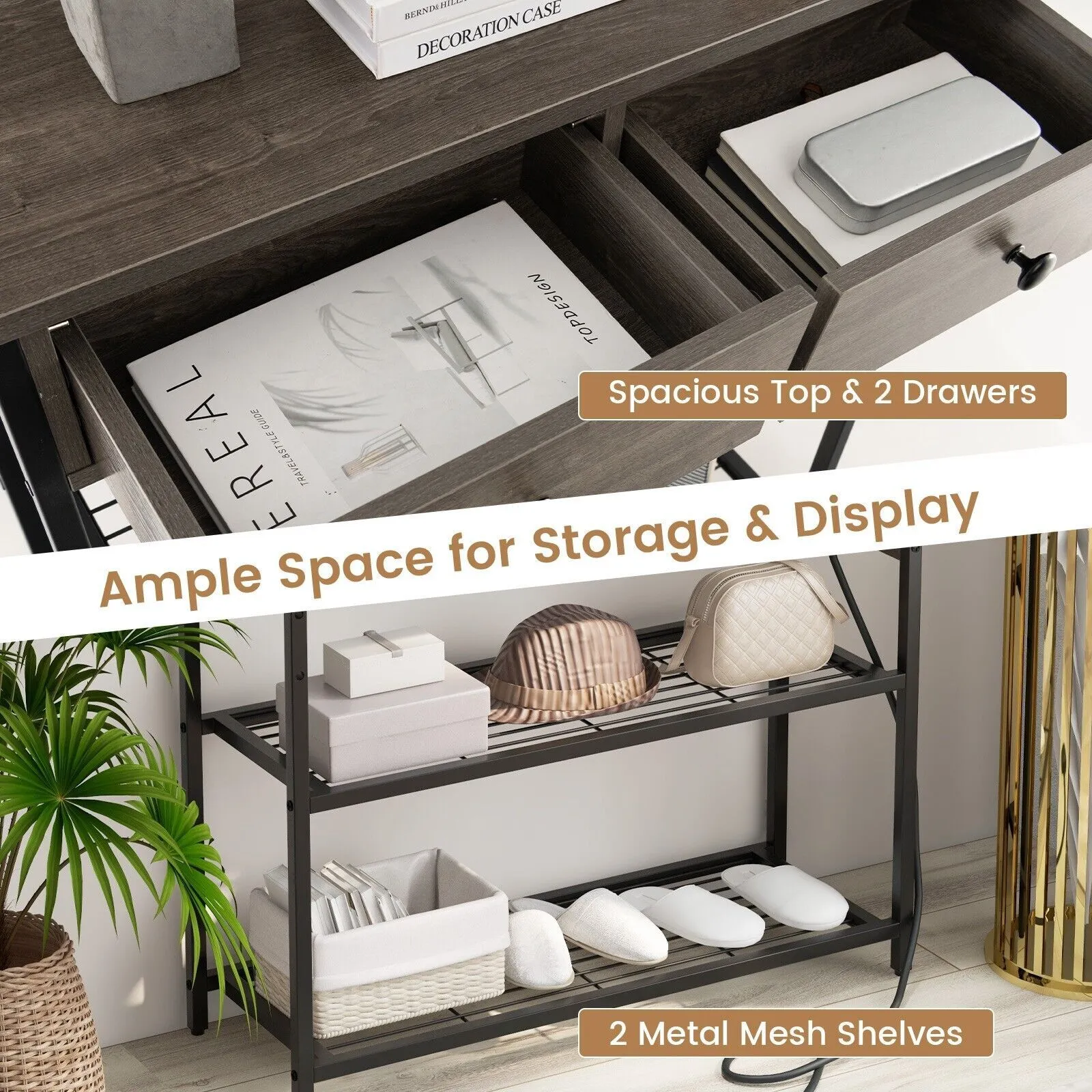 Costway Entryway Table Narrow Console Table Buffet Side Table w/ Charging Station in Grey 5