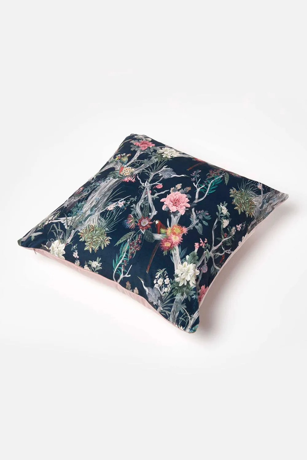 Homescapes Floral Garden Parrot Filled Velvet Cushion 46 x 46 cm in Navy 5
