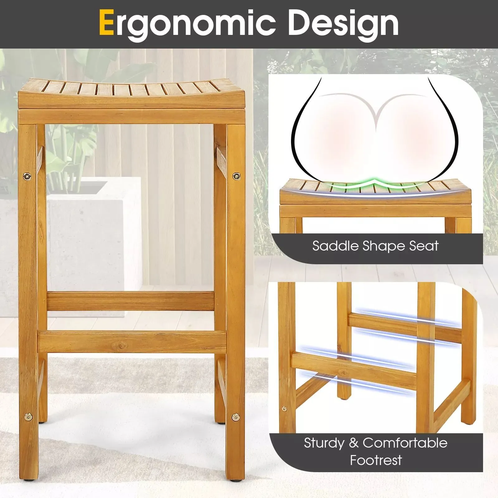 Costway Outdoor 76cm Height Bar Chair 2Pcs Patio Acacia Wood Bar Stool Set in Natural 4