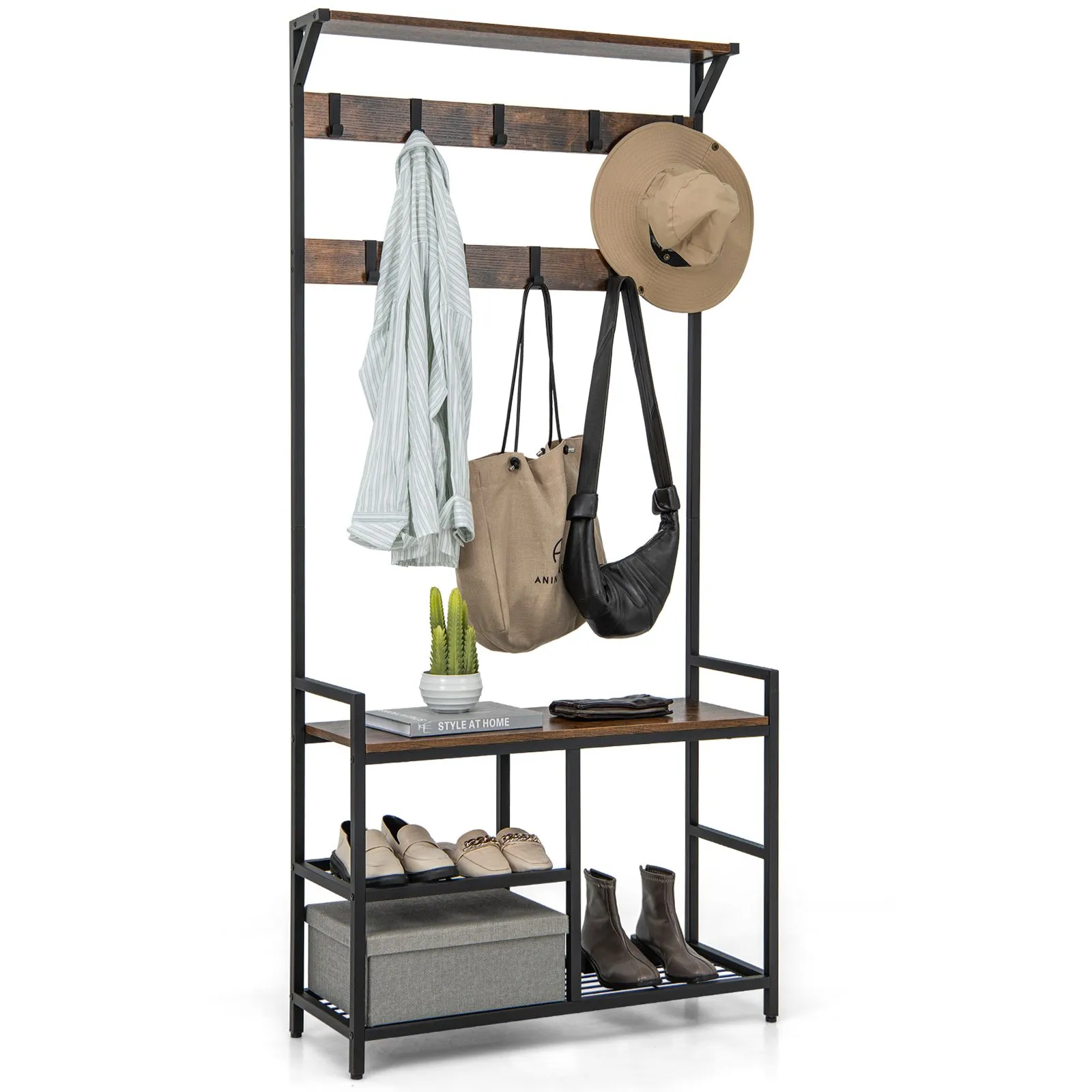 Costway 3-in-1 Coat Rack Hall Tree with Shoe Bench & Shoe Storage in Brown