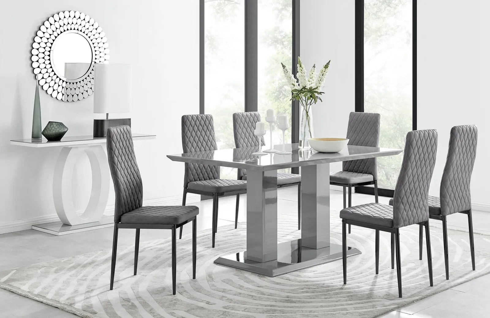 FurnitureboxUK Imperia 6 Grey Dining Table & 6 Velvet Milan Black Leg Chairs