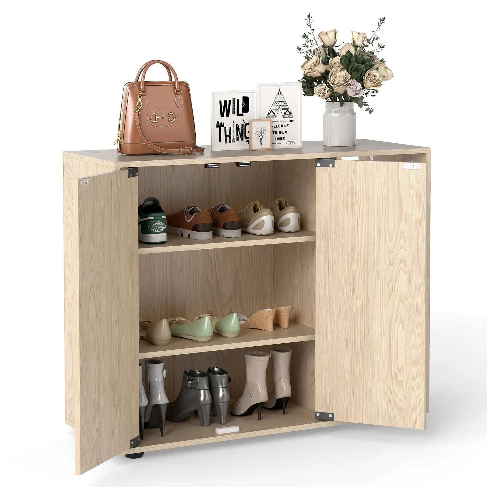 Costway 3-Tier Shoe Storage Rack Shoe Cabinet with Doors in Natural 3