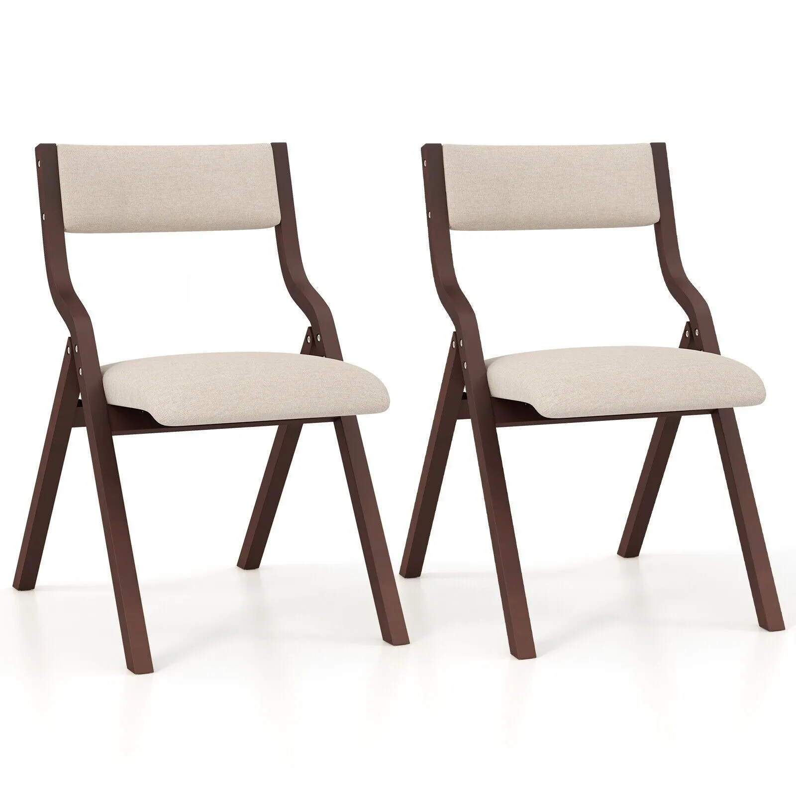 Costway Set of 2 Padded Folding Chair Wooden Counter Dining Chairs W/ Linen Fabric Seat in Brown