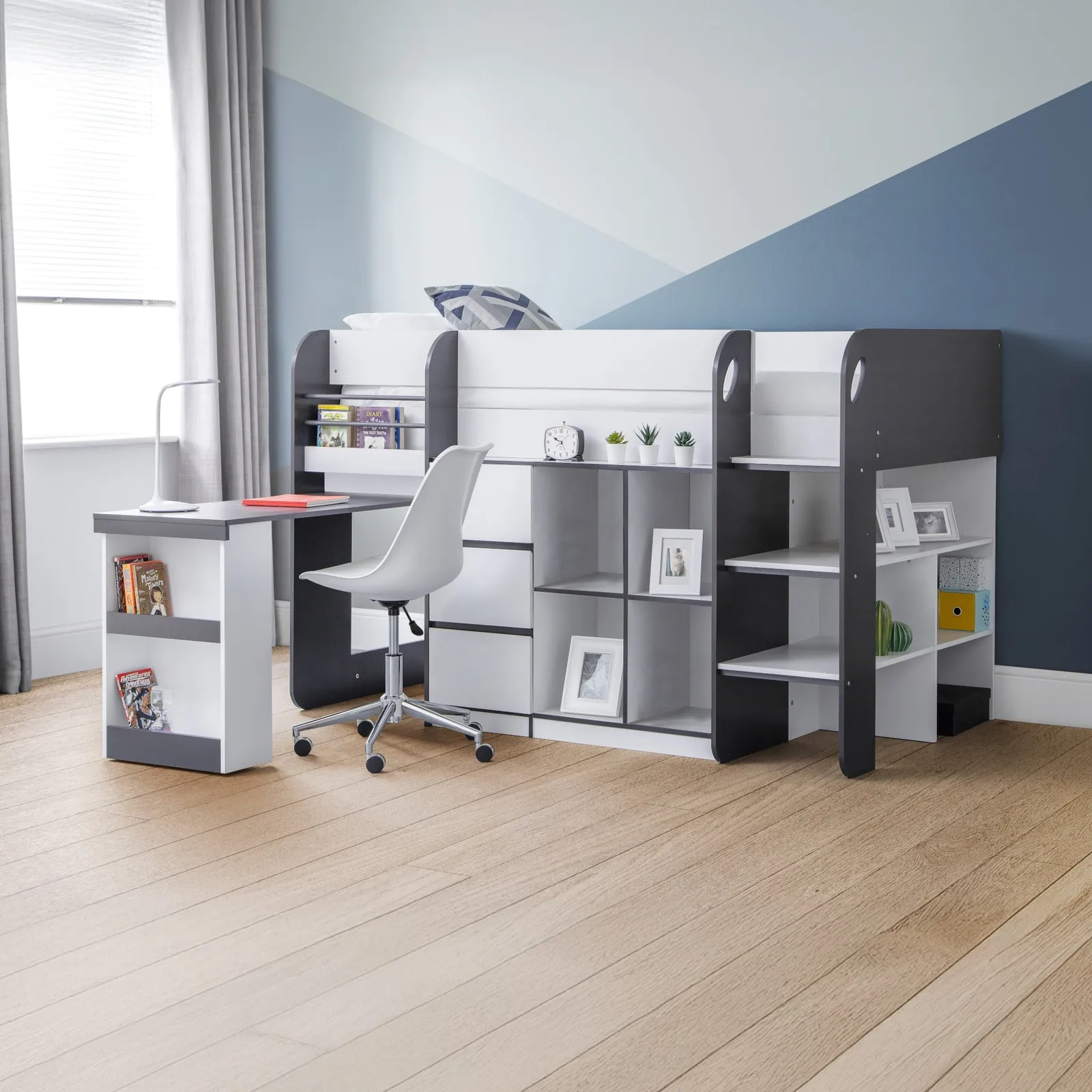 Saturn - Single - Kids Mid Sleeper Cabin Bed - Grey and White - Wood - 3ft - Happy Beds 1