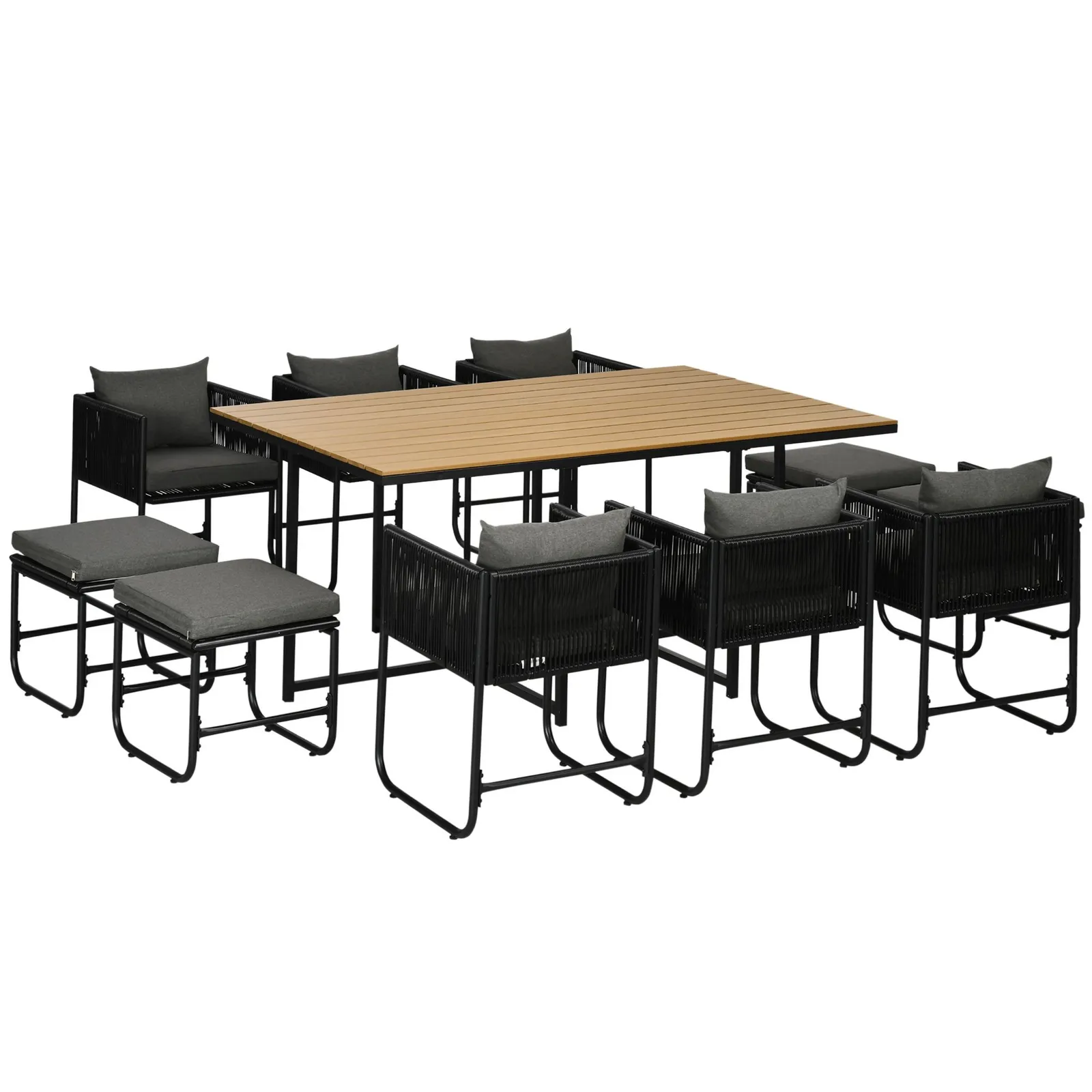 OUTSUNNY 11-PC Rattan Dining Set, 10-seater Table & Chair Sets with Space-saving Design in Black 2